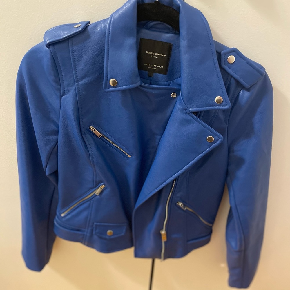 Zara blue leather jacket size xs